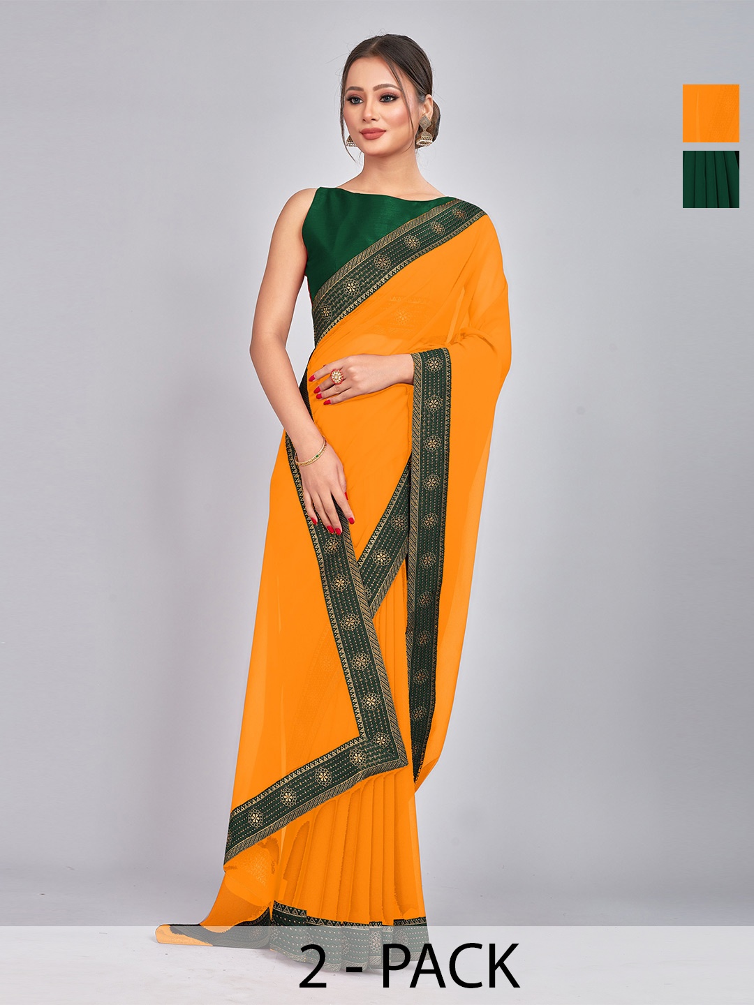 

CastilloFab Selection Of 2 Woven Design Georgette Saree With Lace Border, Mustard