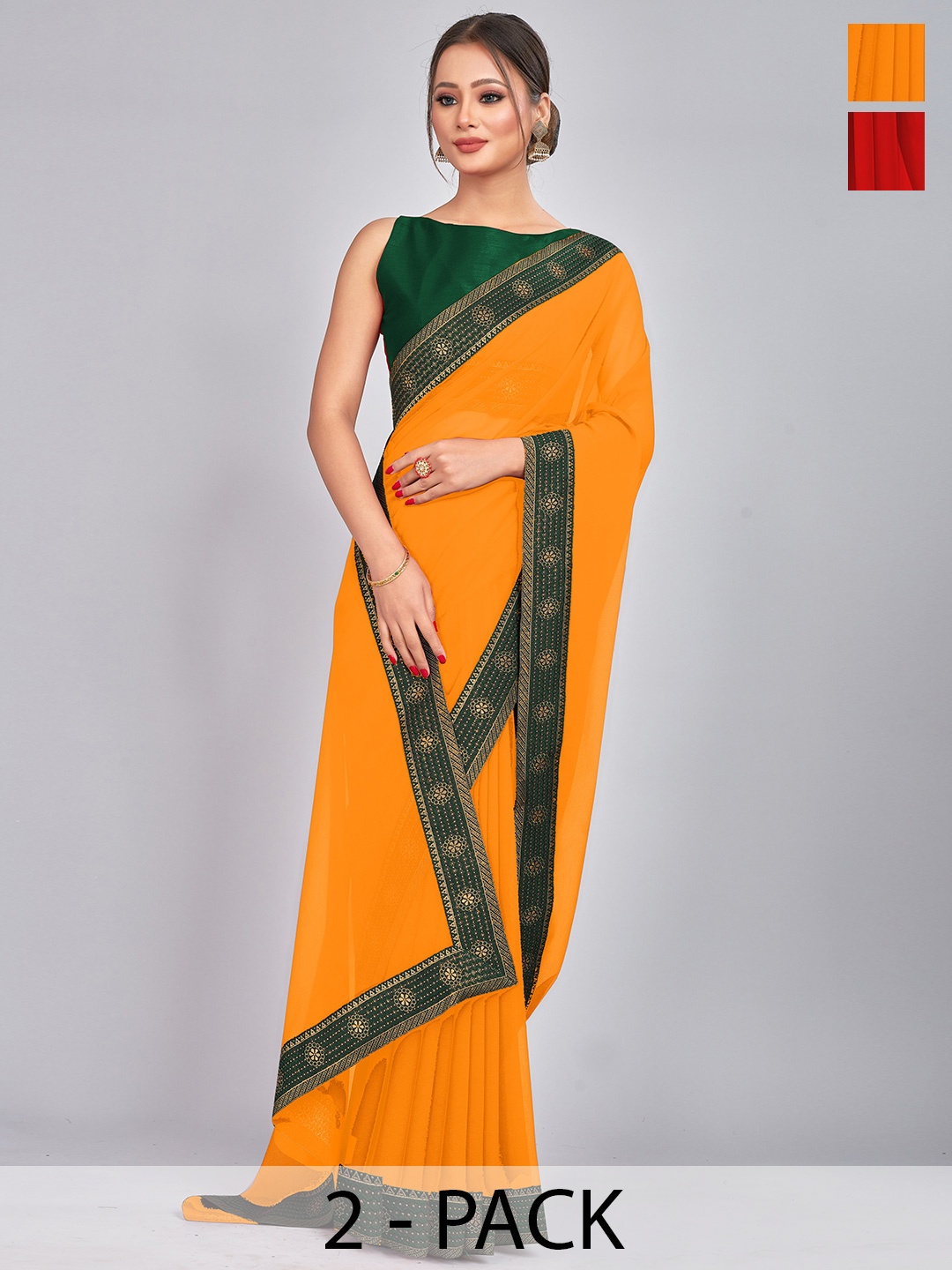

CastilloFab Selection of 2 Zari Pure Georgette Saree, Red