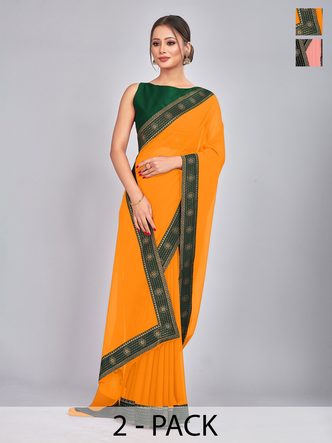 

CastilloFab Pack Of 2 Woven Design Zari Pure Georgette Sarees, Mustard