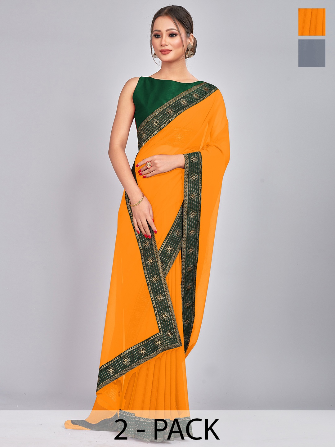 

CastilloFab Pack of 2 Woven Design Georgette Saree With Lace Border, Mustard