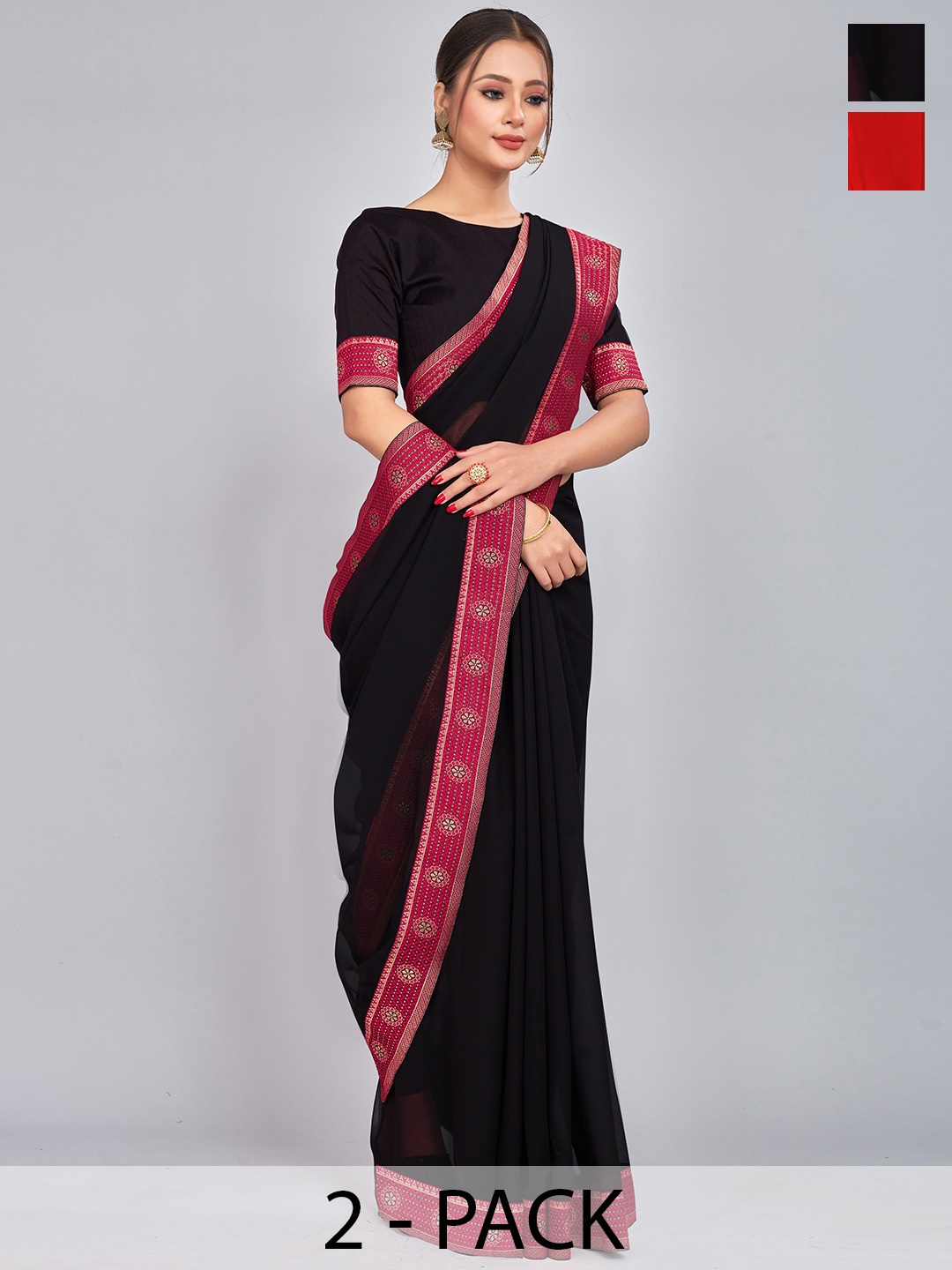 

CastilloFab Selection Of 2 Woven Design Georgette Saree With Lace Border, Red