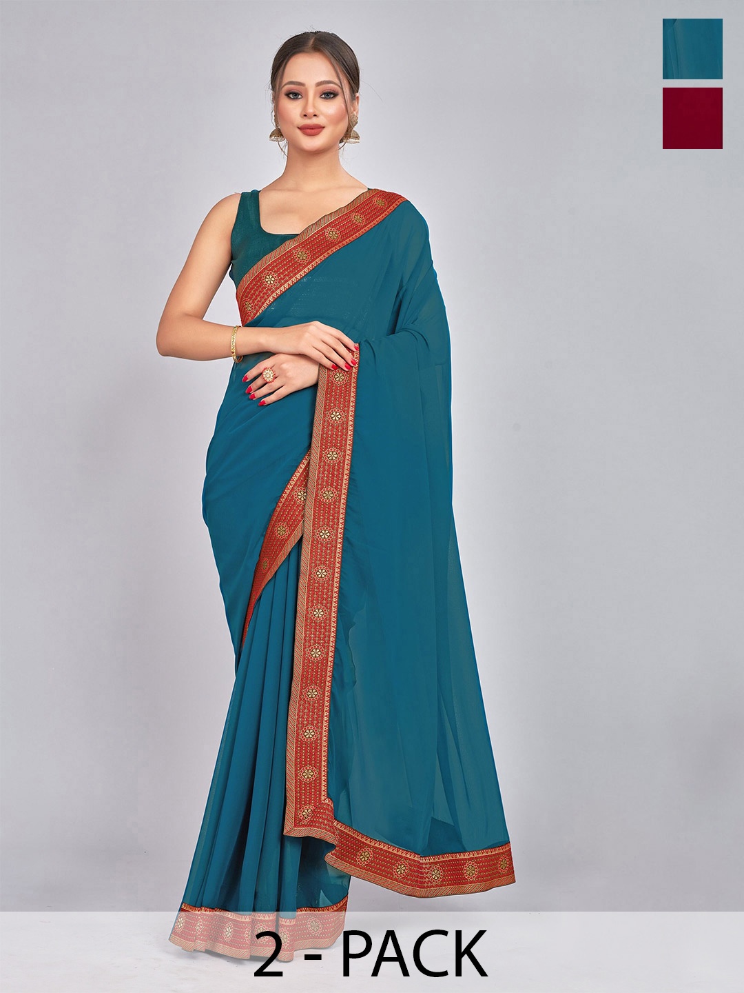 

CastilloFab Selection Of 2 Ethnic Pure Georgette Sarees, Teal