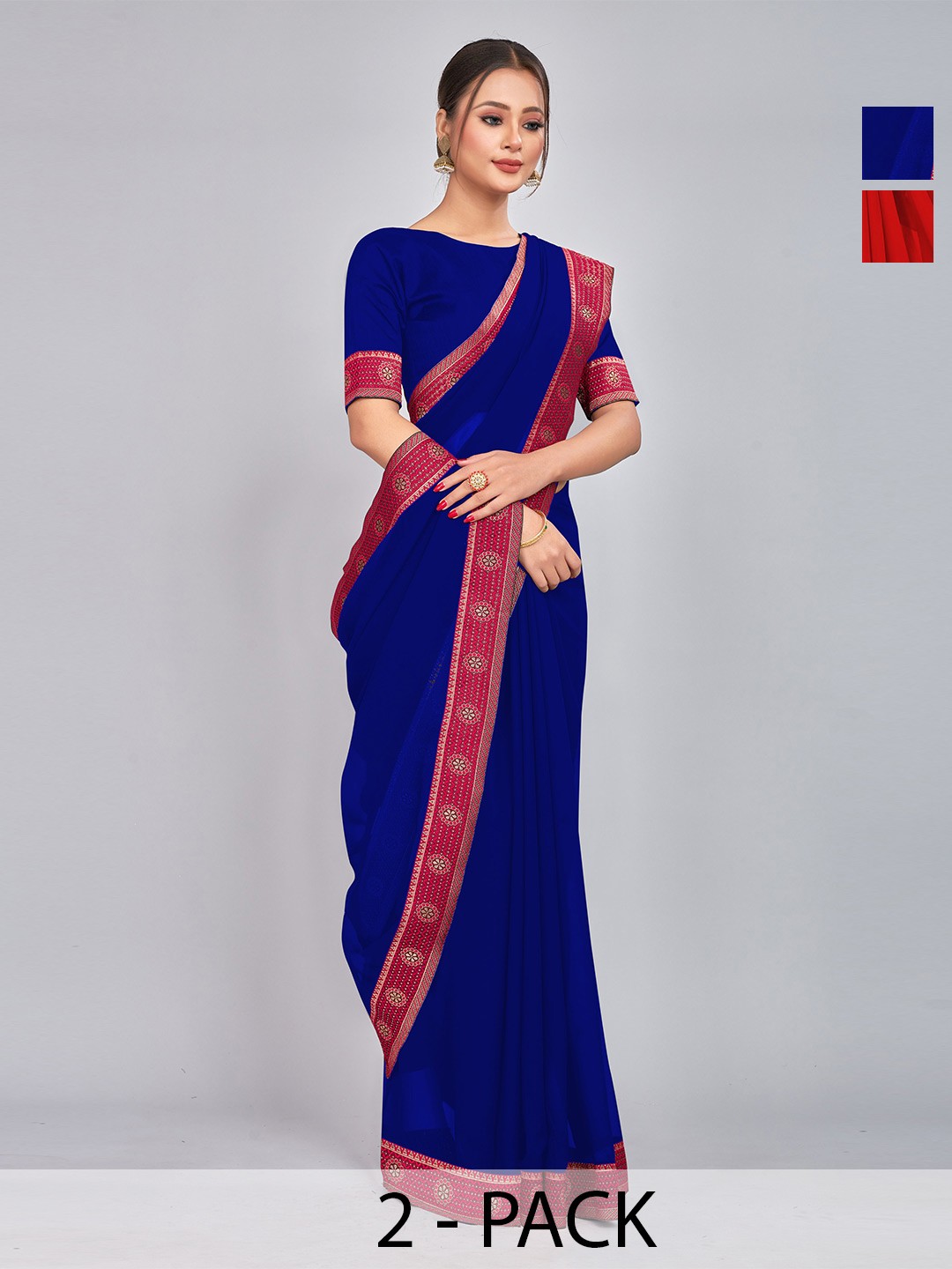 

CastilloFab Selection Of 2 Zari Pure Georgette Saree, Red