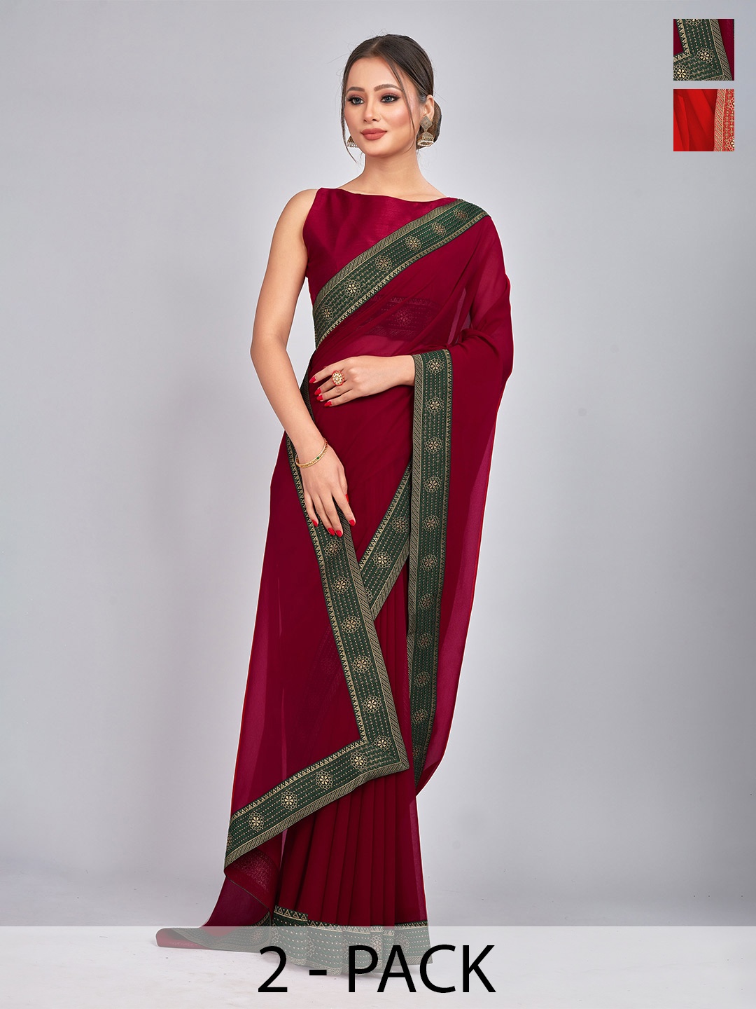 

CastilloFab Selection Of 2 Zari Pure Georgette Saree, Red