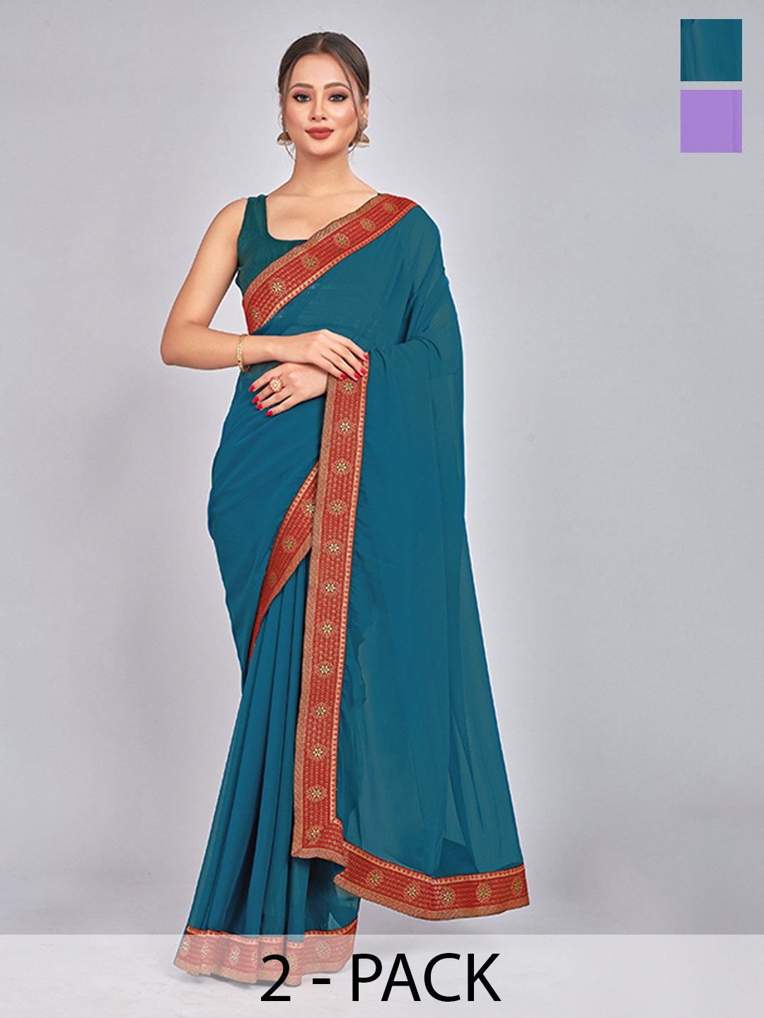 

CastilloFab Selection Of 2 Woven Design Pure Georgette Sarees, Teal