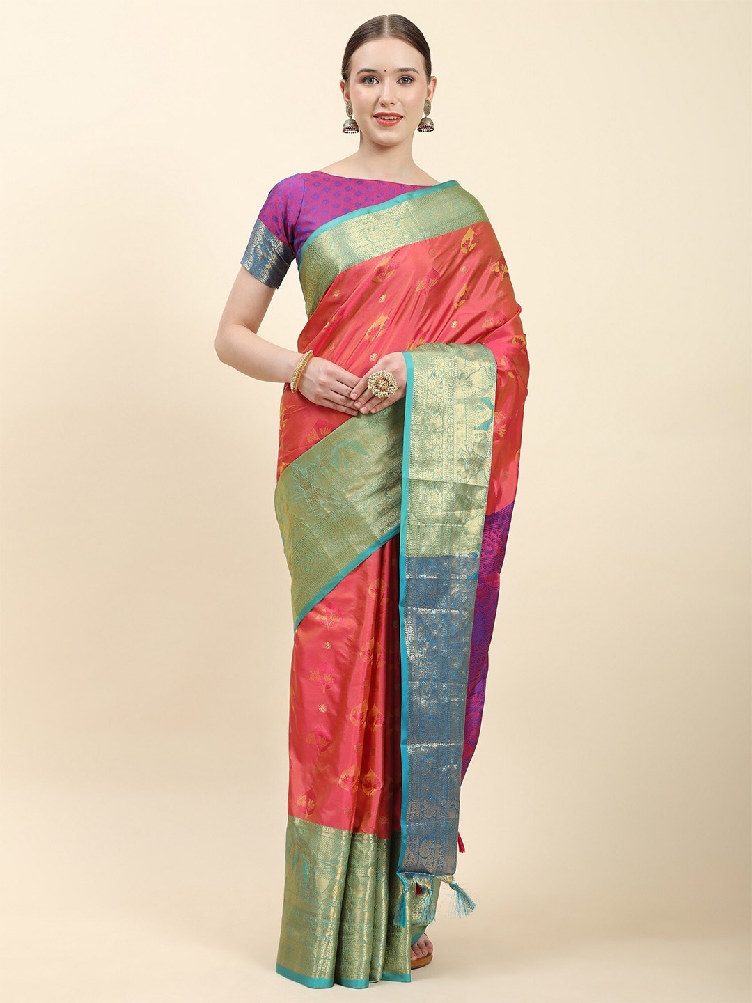 

NOISE Woven Design Zari Pure Silk Kanjeevaram Saree, Peach