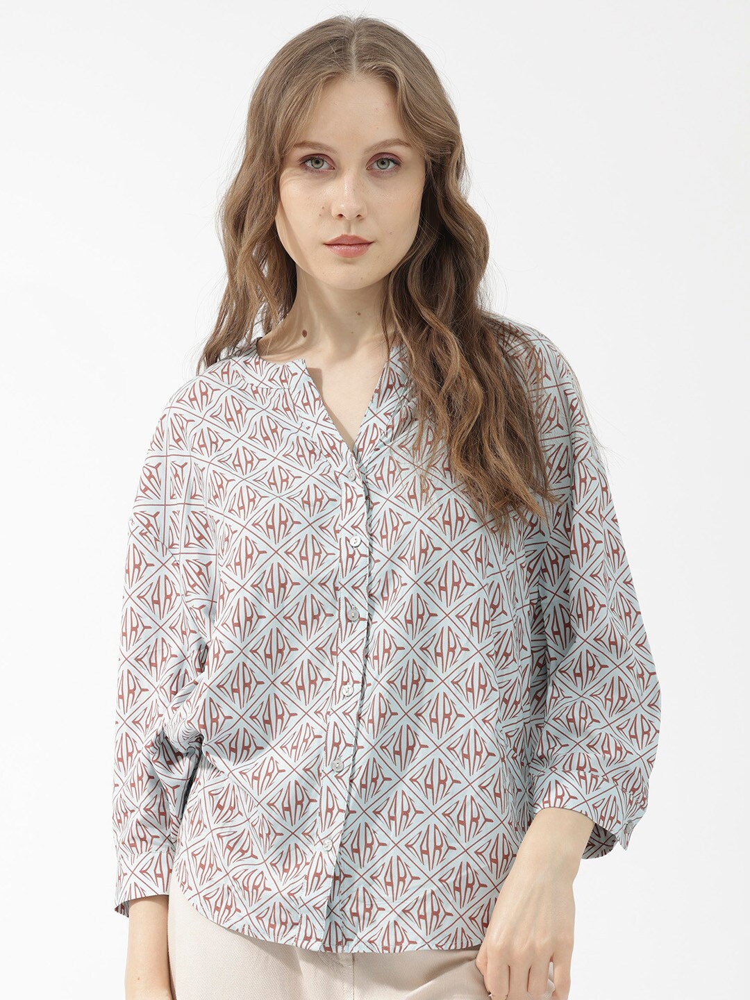 

RAREISM Geometric Printed Mandarin Collar Top, Blue