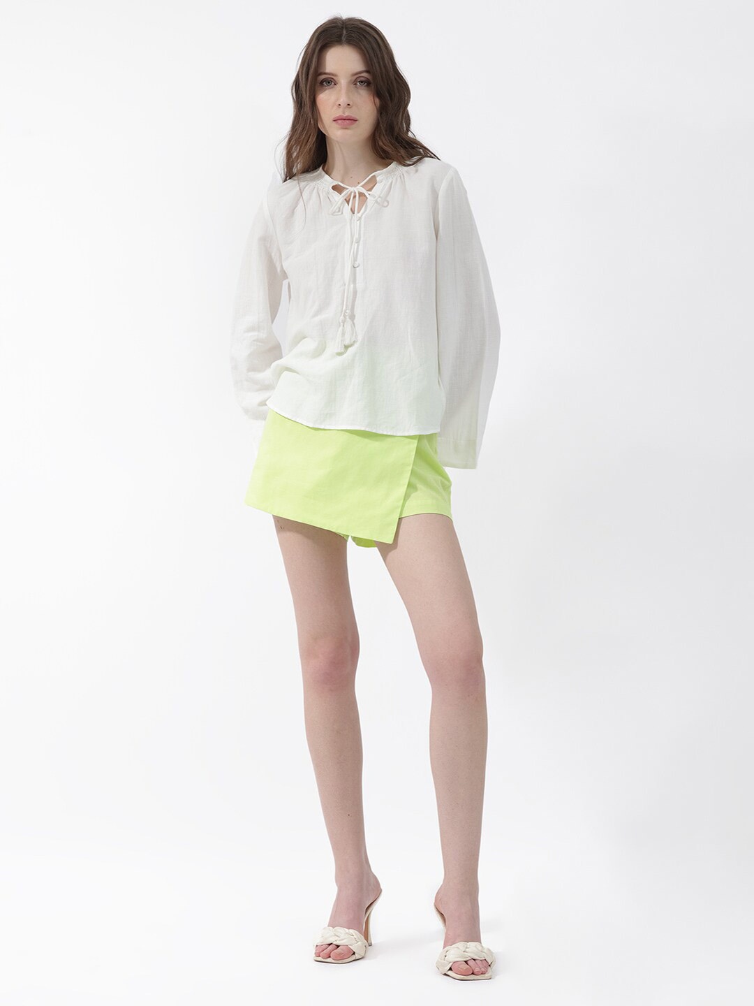 

RAREISM Tie-Up Neck Long Sleeves Cotton Shirt Style Top, White