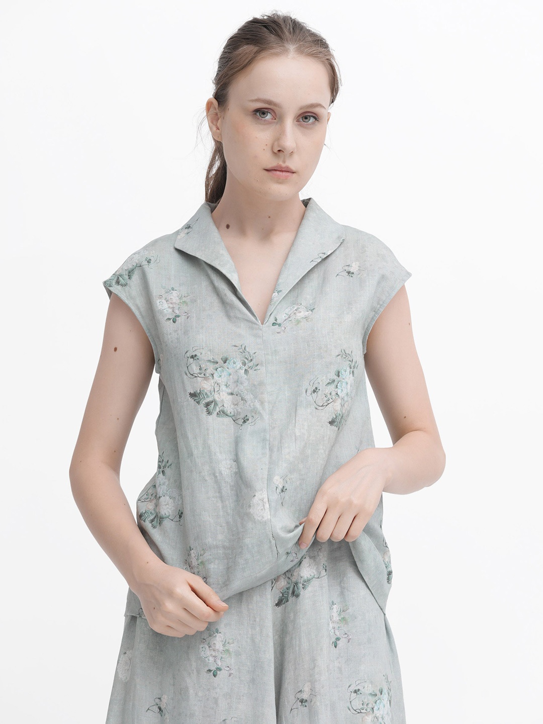 

RAREISM Floral Printed Cotton Shirt Style Top, Green