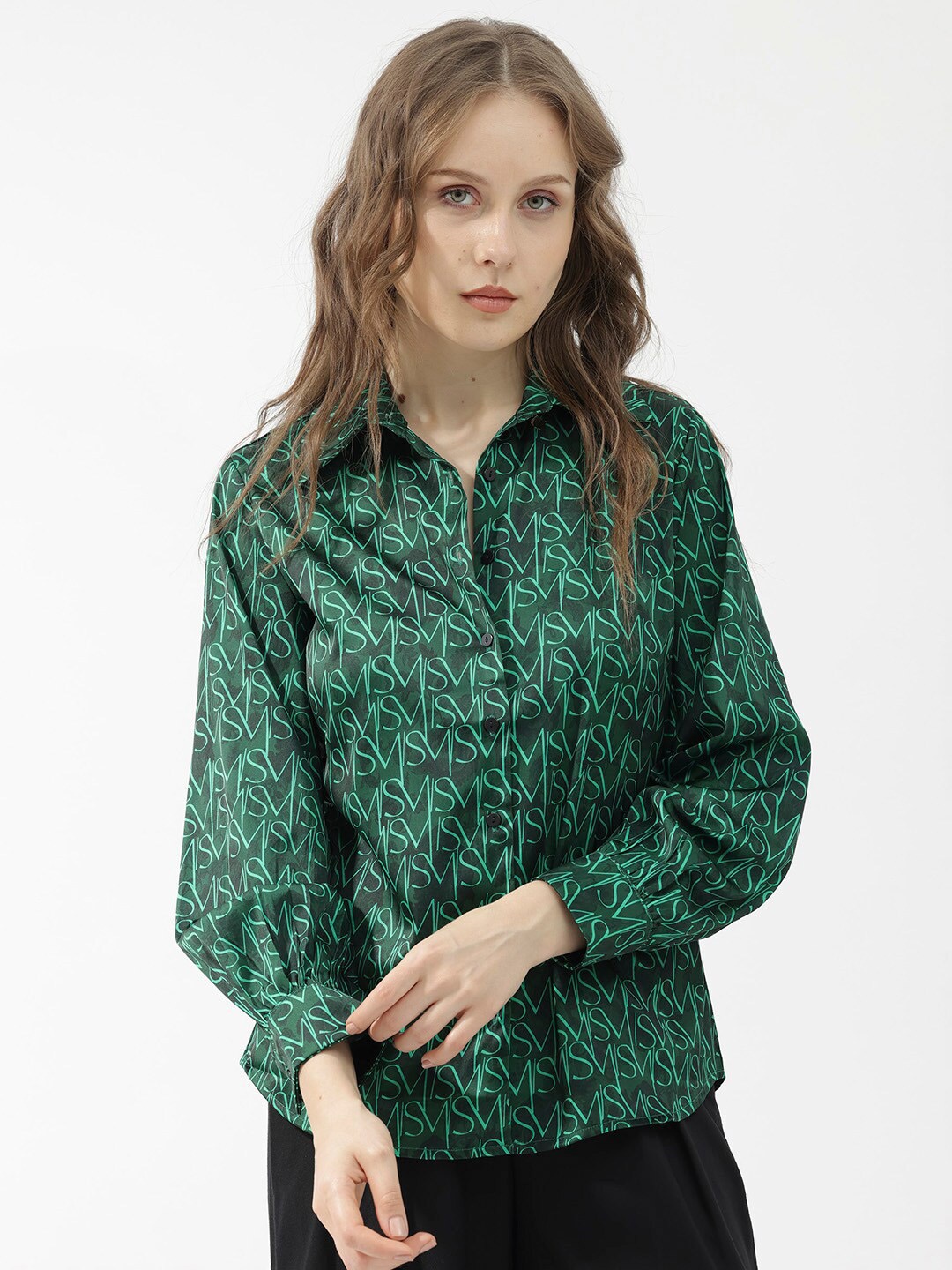 

RAREISM Typography Printed Cuffed Sleeves Shirt, Green