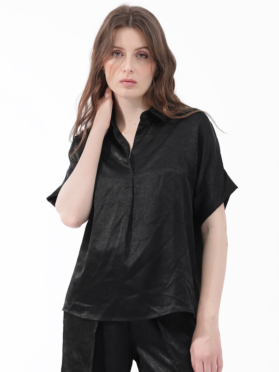 

RAREISM Shirt Collar Extended Sleeves Top, Black