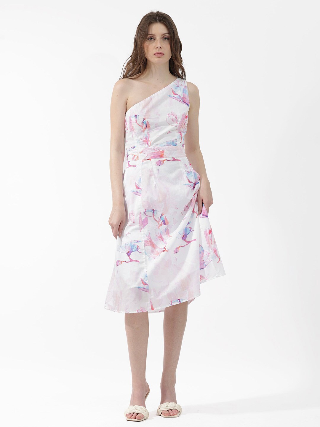 

RAREISM One Shoulder Floral Printed Cotton Fit & Flare Dress, White