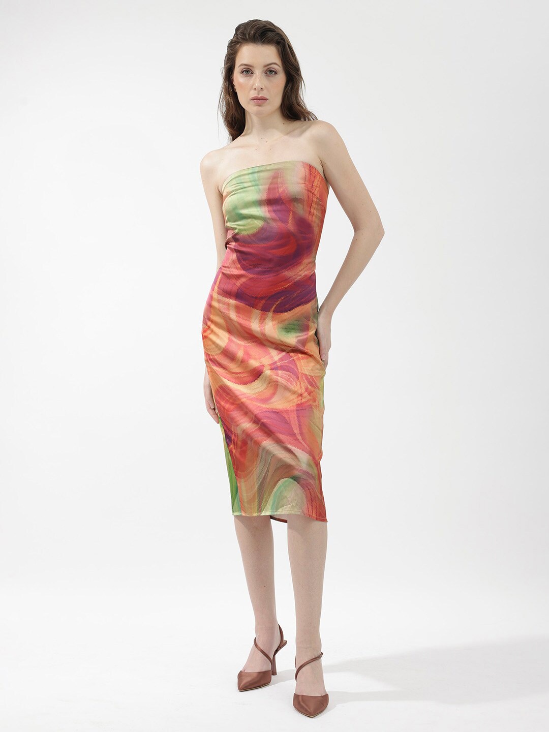 

RAREISM Abstract Printed Strapless Bodycon Midi Dress, Green