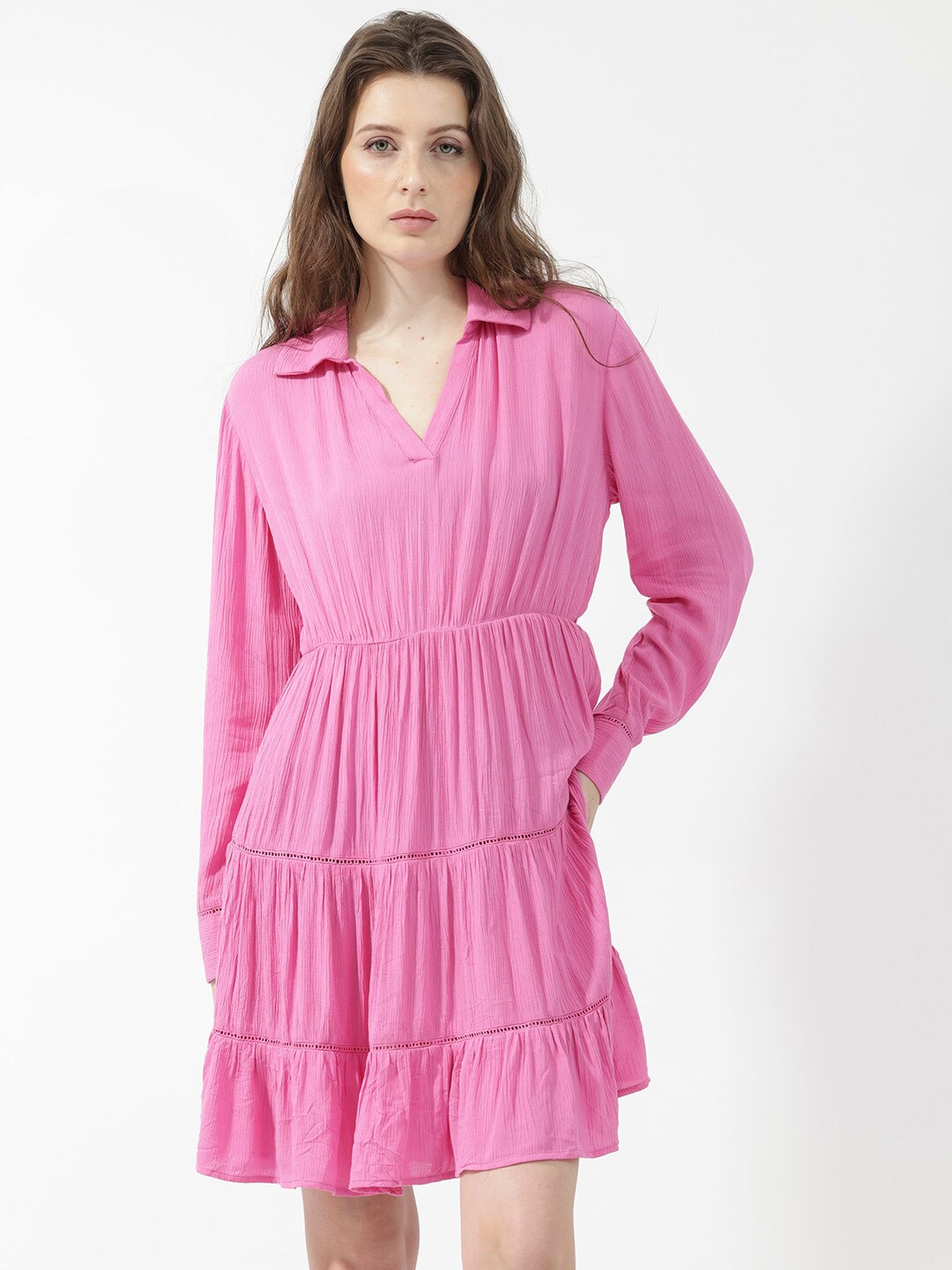 

RAREISM Shirt Collar Tiered A-Line Dress, Pink