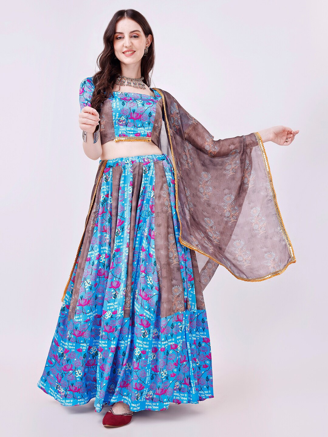 

TWAM SUNDARA Printed Satin Ready to Wear Lehenga & Blouse With Dupatta, Blue