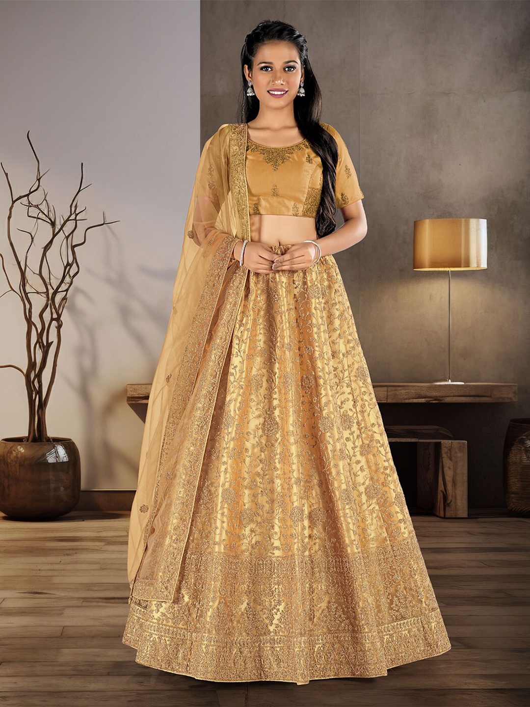 

HALFSAREE STUDIO Embellished Net Semi-Stitched Lehenga & Unstitched Blouse With Dupatta, Cream