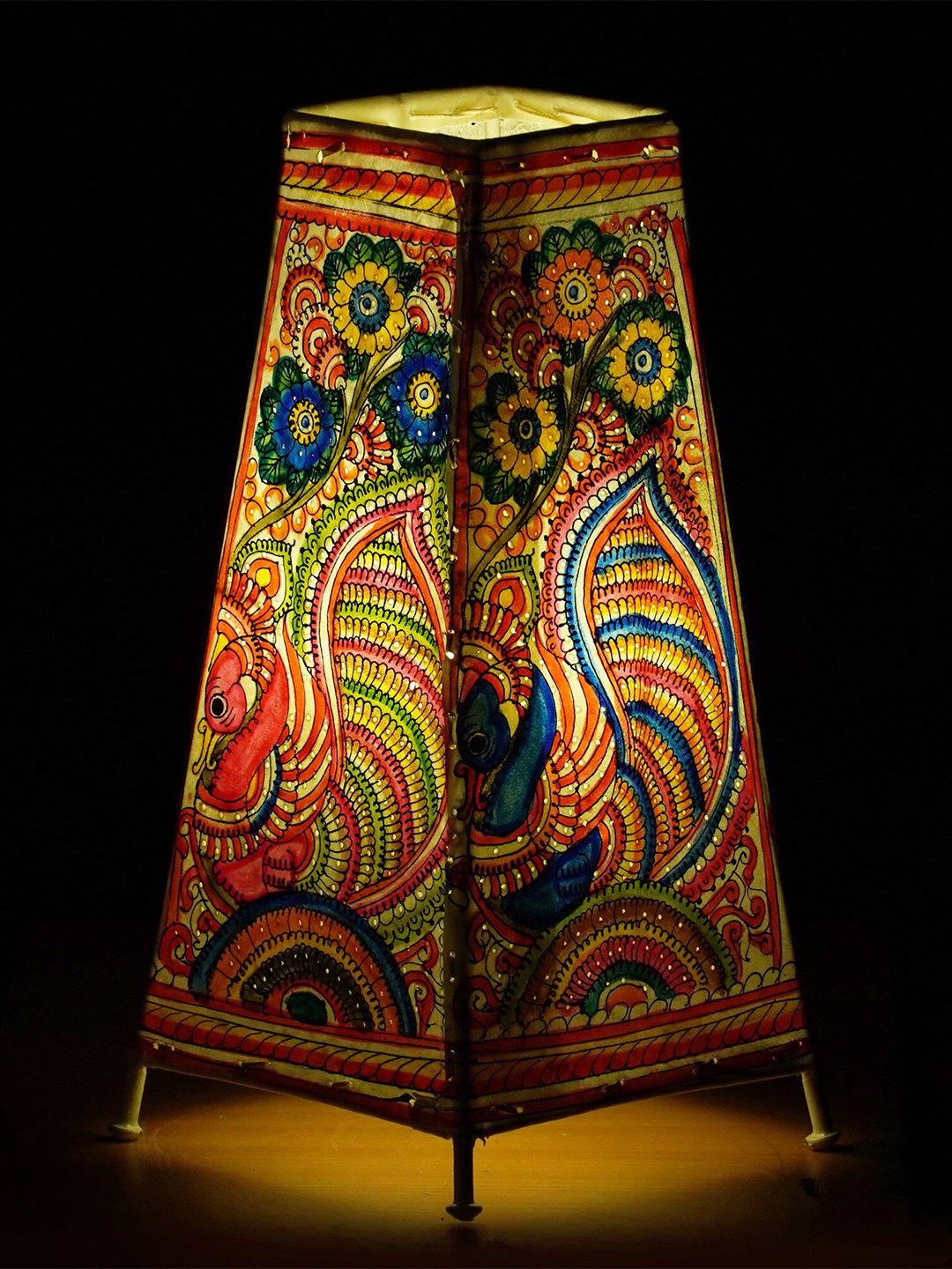 

ARTDARSHAN Red & Yellow Peacock Painted Traditional Leather Lamp