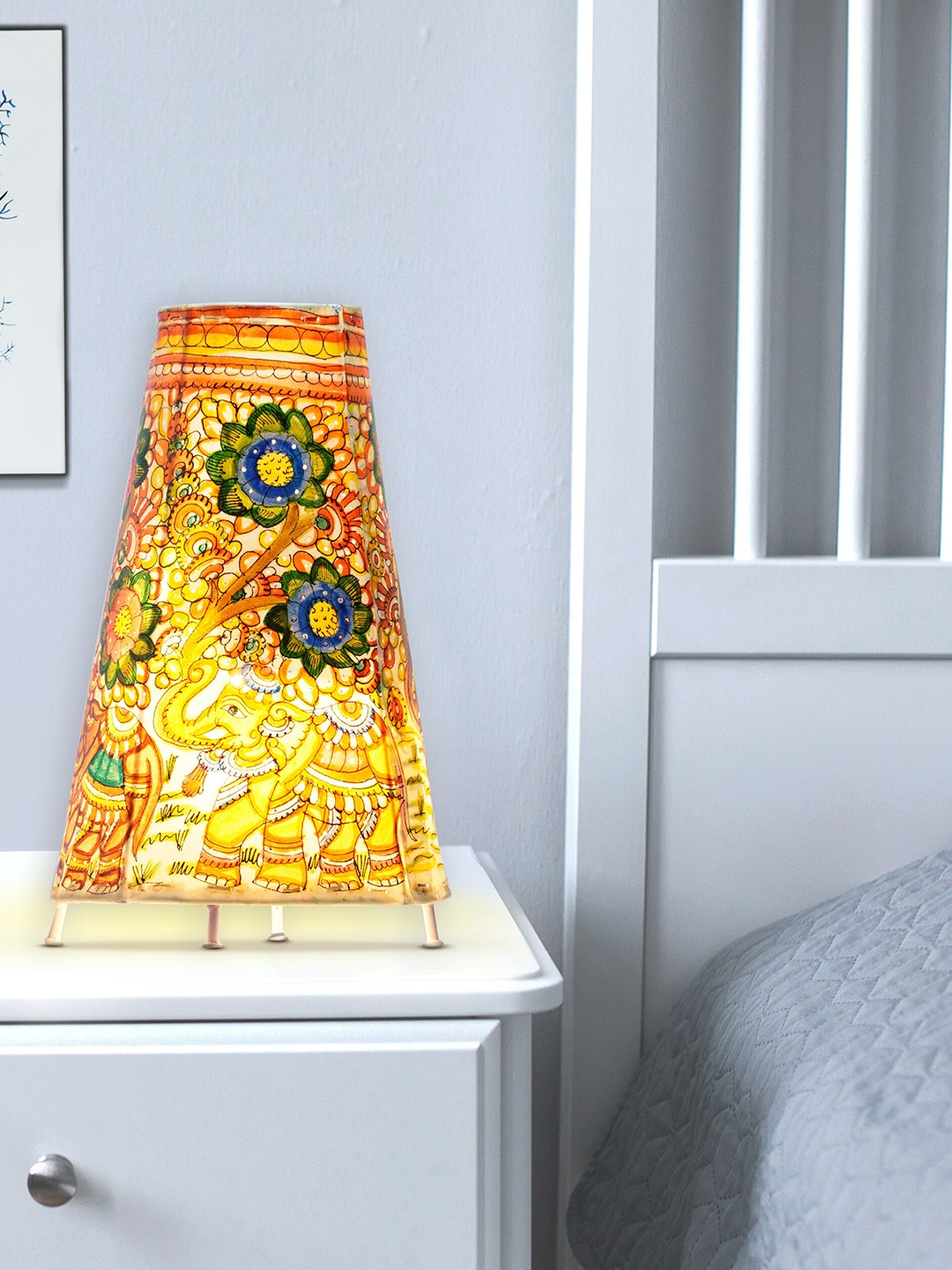 

ARTDARSHAN Floral Painted Frustum Lamp With Holder, Yellow