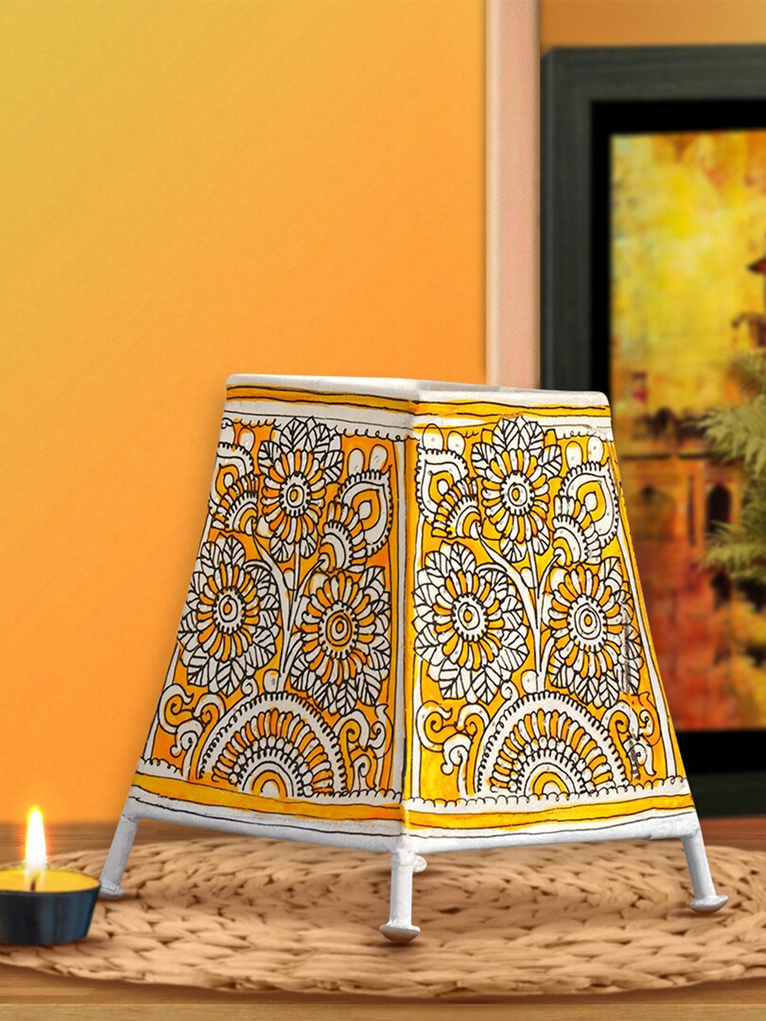 

ARTDARSHAN Yellow Coloured Peacock & Elephant Painted Traditional Leather Lamp