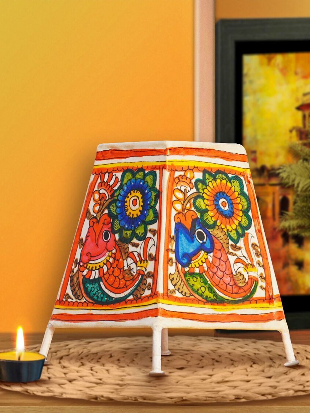 

ARTDARSHAN Red & Blue God Ganesha Painted Traditional Leather Lamp