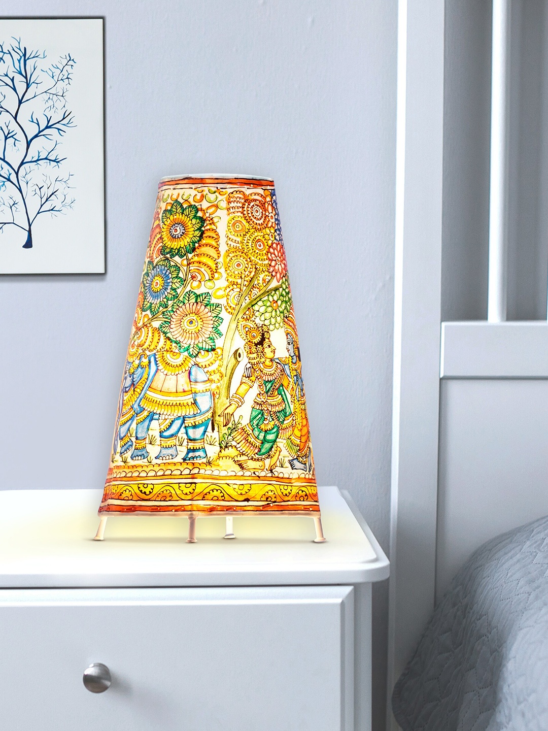 

ARTDARSHAN Yellow Radha Krishna Painted Traditional Leather Lamp With Holder