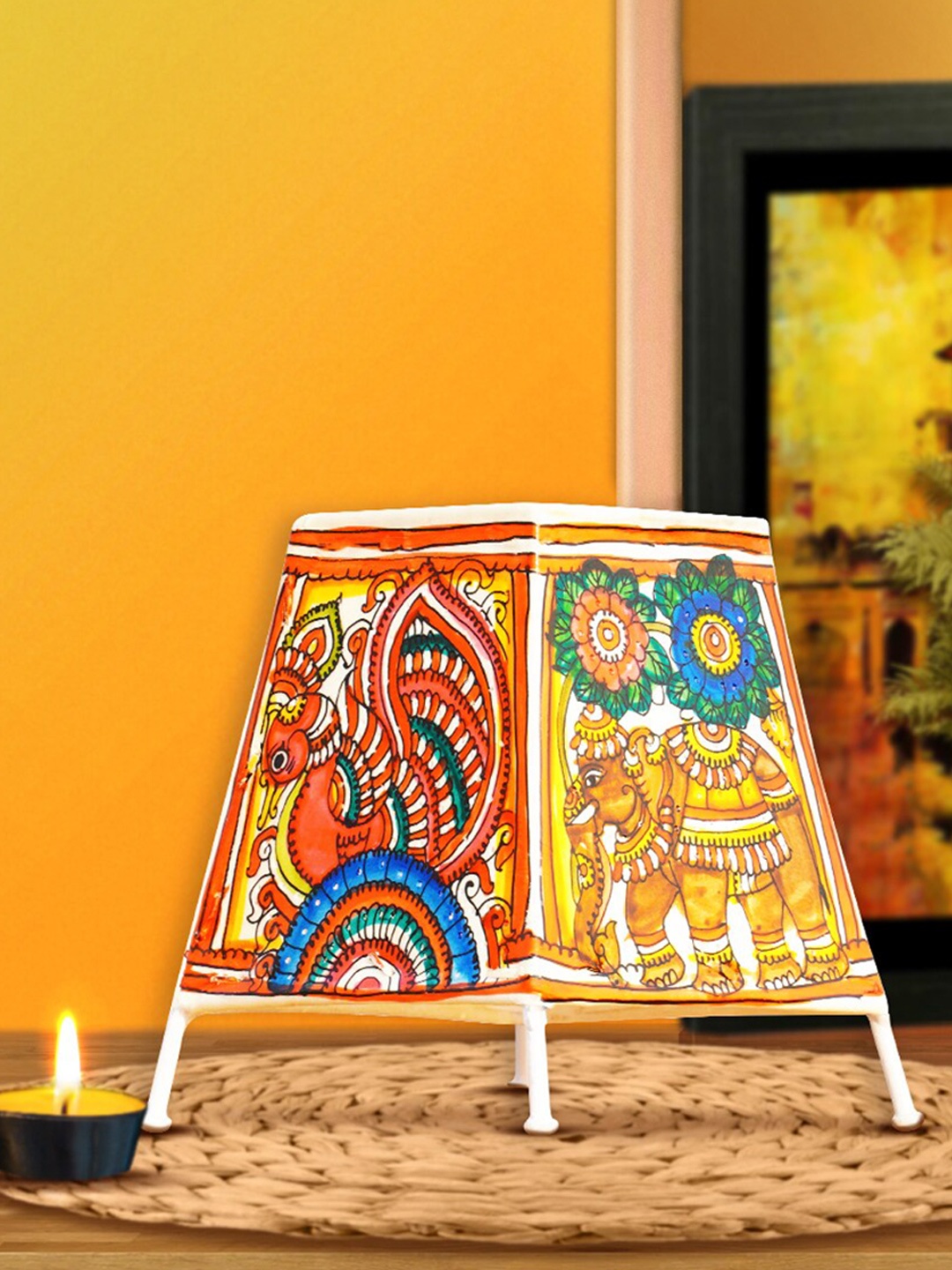 

ARTDARSHAN Yellow & Red Painted Traditional Leather Lamp With Holder