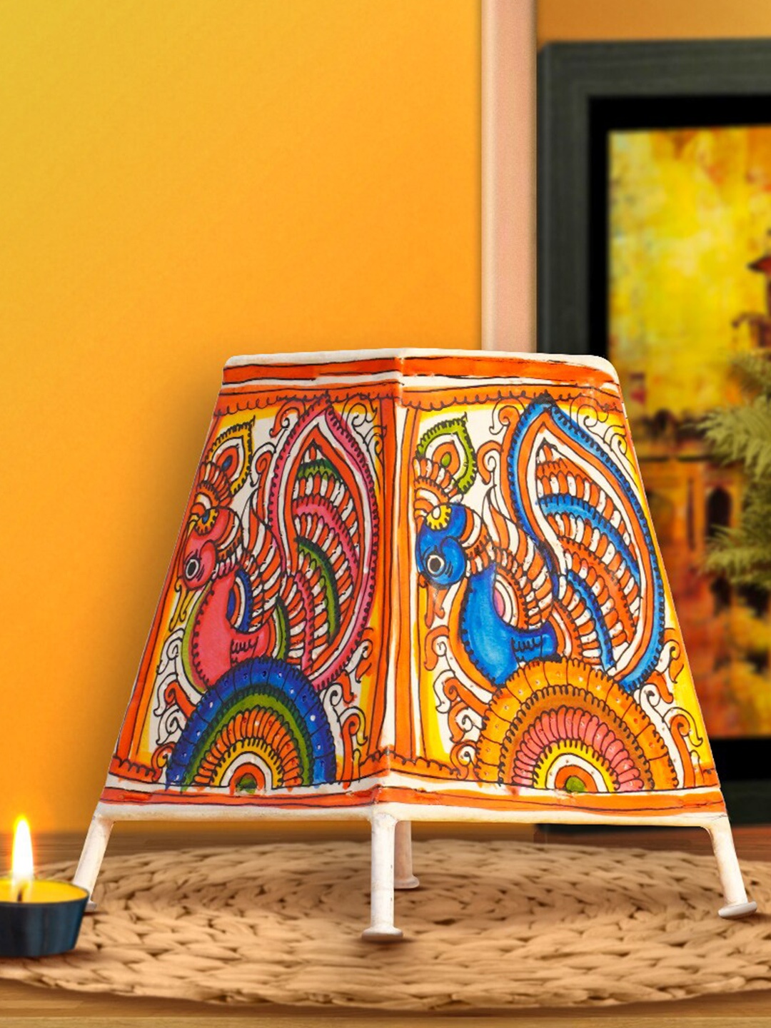 

ARTDARSHAN Yellow Floral Leather Table Lamp