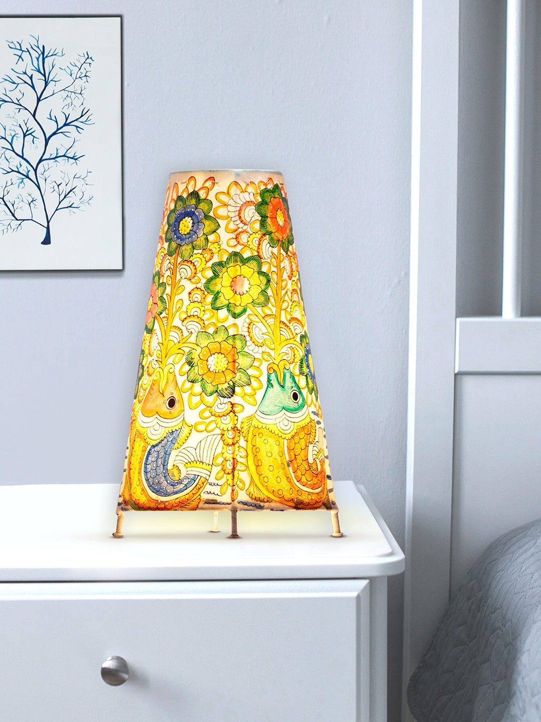 

ARTDARSHAN Yellow & Green Painted Leather Lamp With Holder