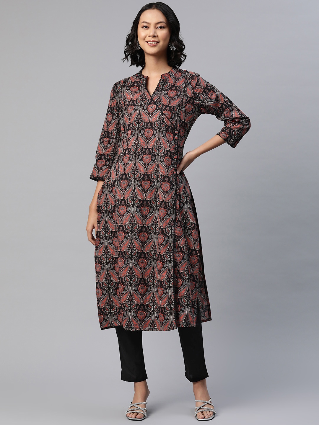 

Readiprint Women Paisley Printed Angrakha Sequinned Pure Cotton Kurta with Salwar, Grey