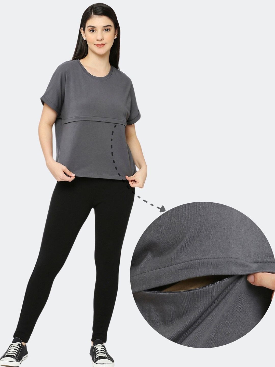 

True Shape Round Neck T-shirt With Nursing Zip, Grey