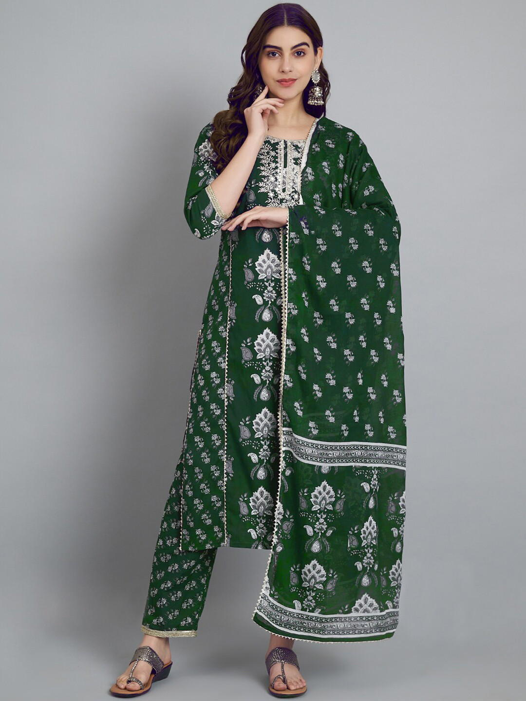 

ERISHA Floral Printed Thread Work Pure Cotton Straight Kurta & Trousers With Dupatta, Green