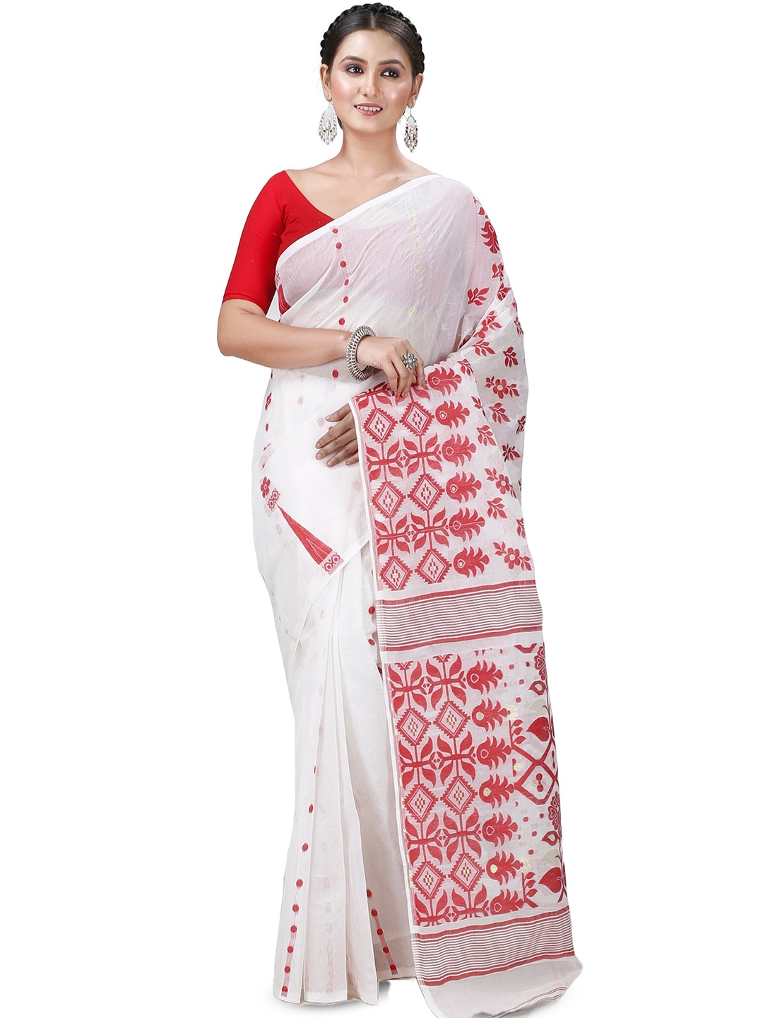 

PuJoy Ethnic Motifs Woven Design Zari Jamdani Saree, White