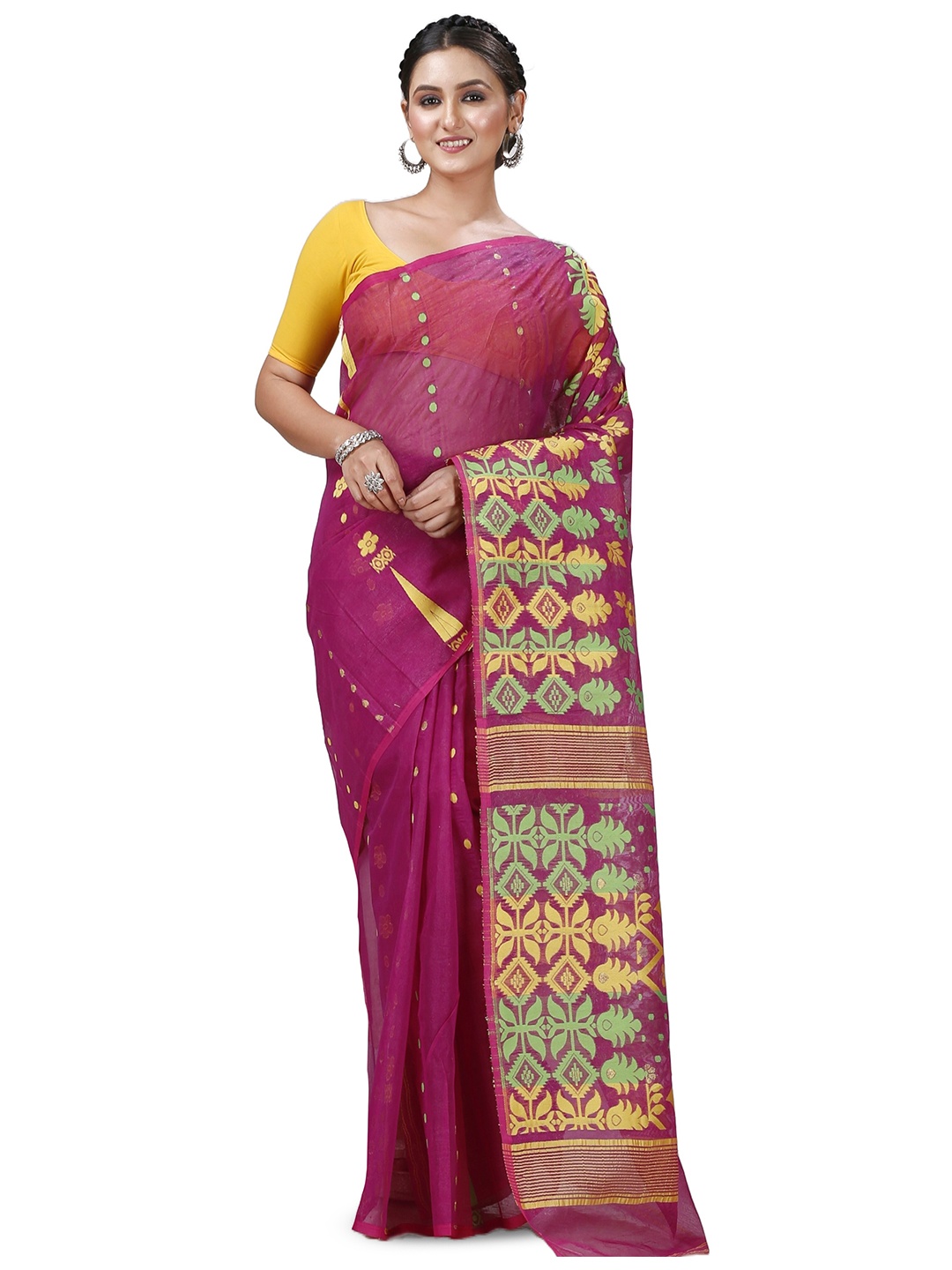 

PuJoy Woven Design Ethnic Print Jamdani Saree, Purple