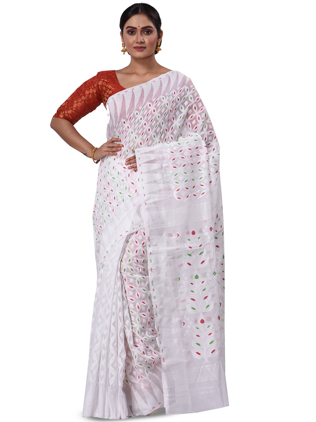 

PuJoy Geometric Woven Design Jamdani Saree, White