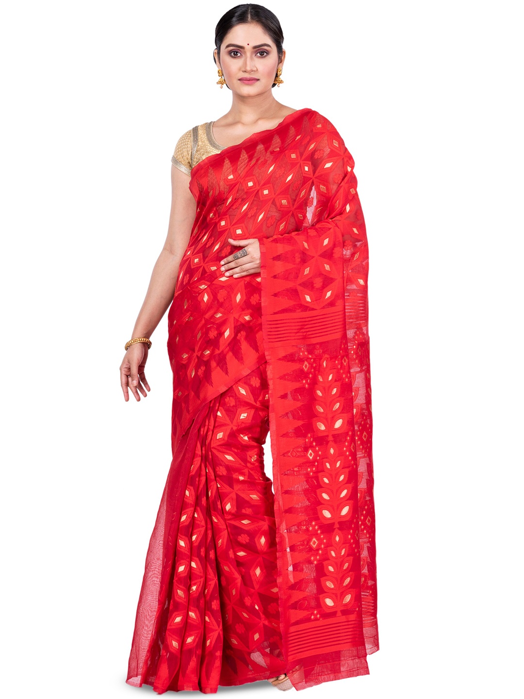 

PuJoy Geometric Woven Design Zari Jamdani Saree, Red