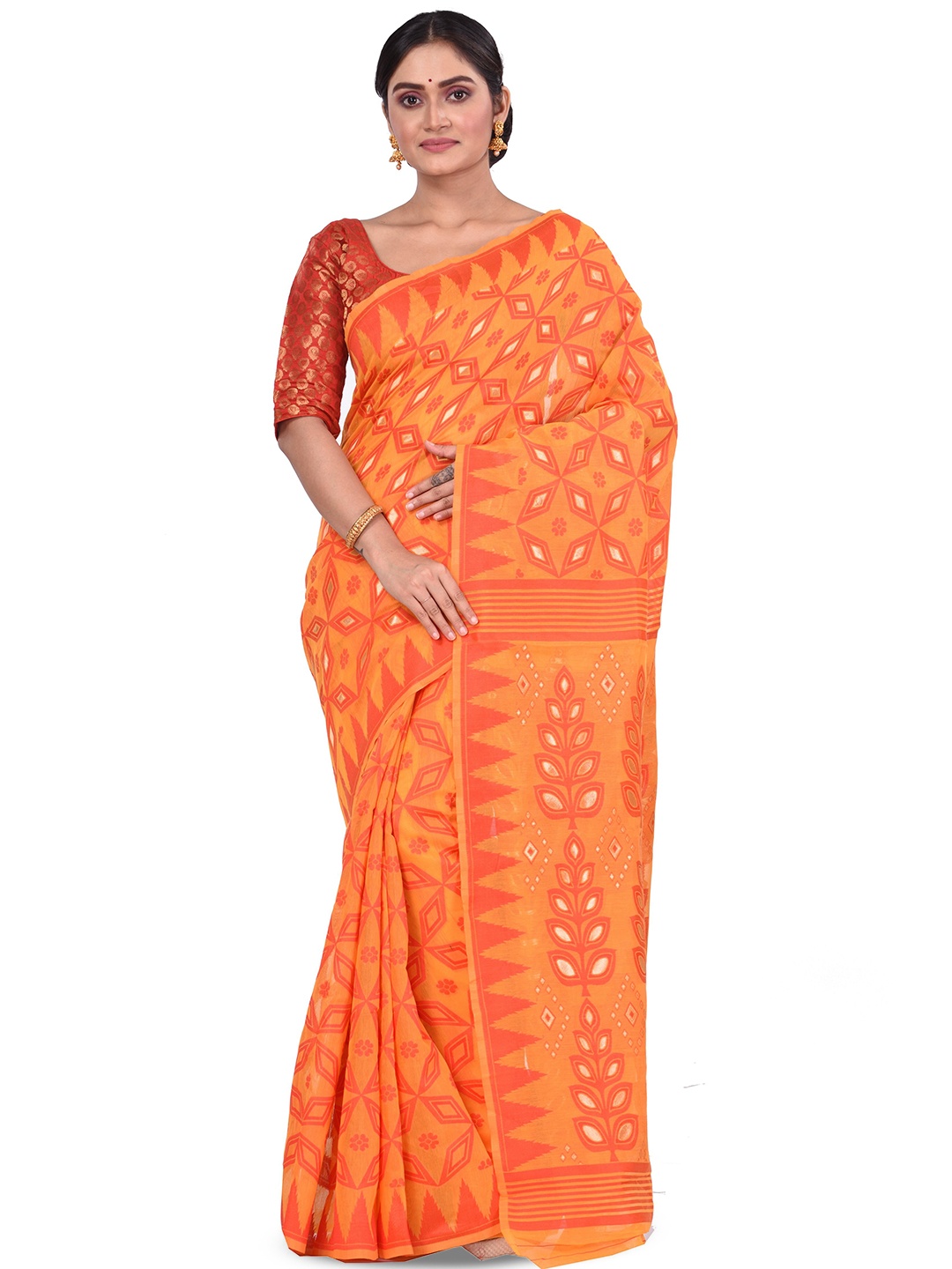 

PuJoy Geometric Woven Design Jamdani Saree, Orange