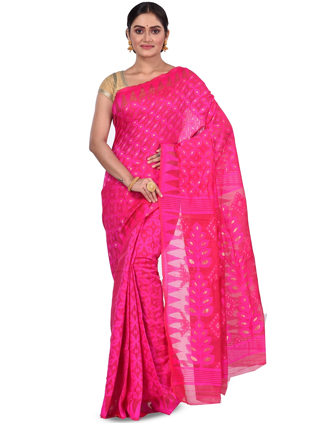 

PuJoy Geometric Woven Design Jamdani Saree, Pink