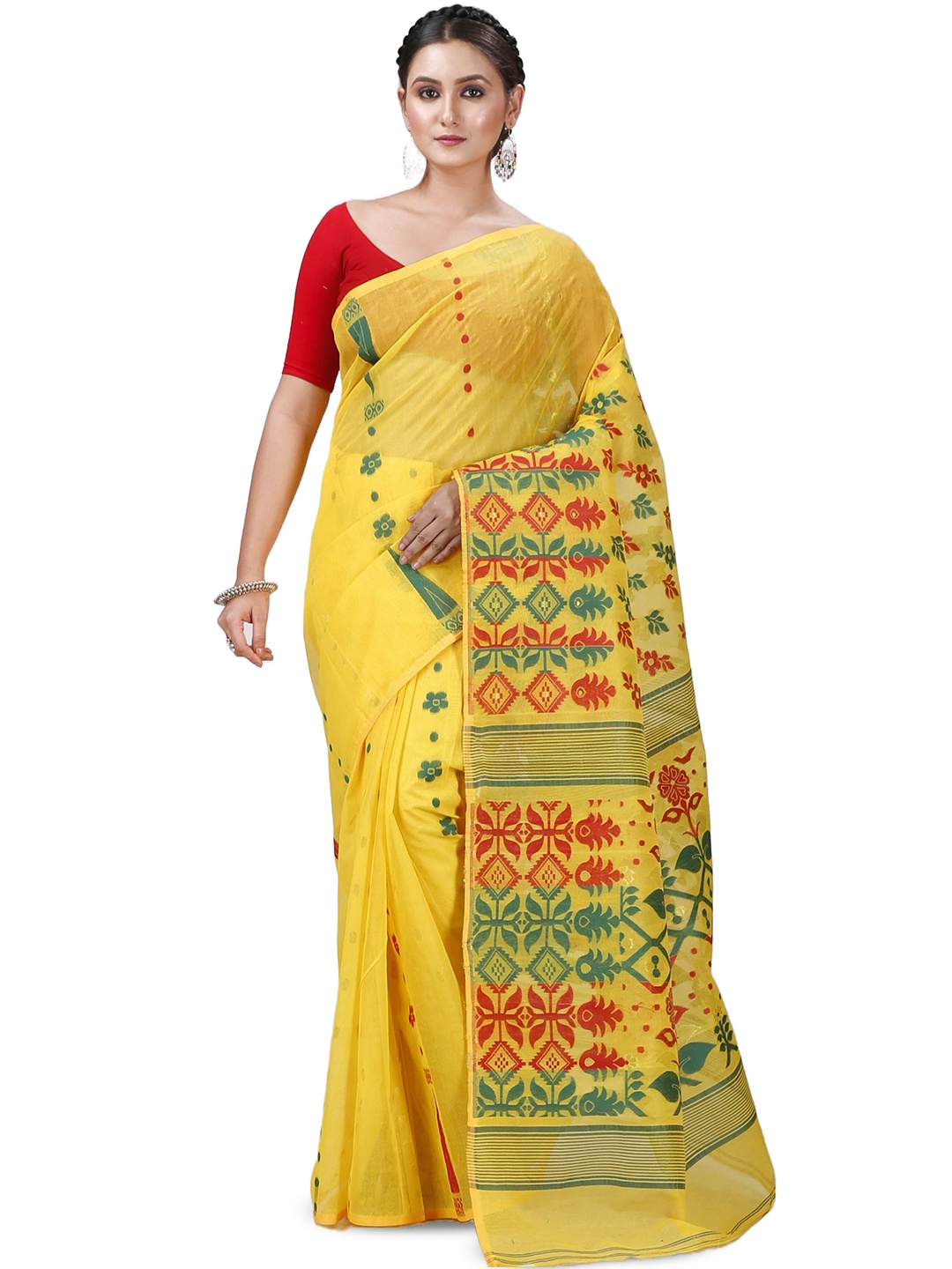 

PuJoy Ethnic Motifs Woven Design Zari Jamdani Saree, Yellow