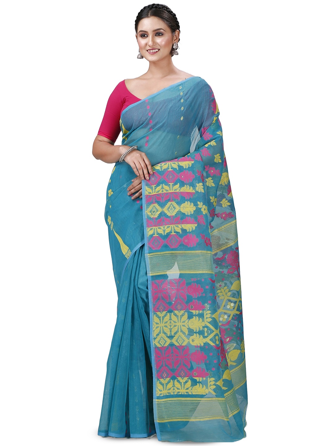 

PuJoy Ethnic Motifs Woven Design Jamdani Saree, Green