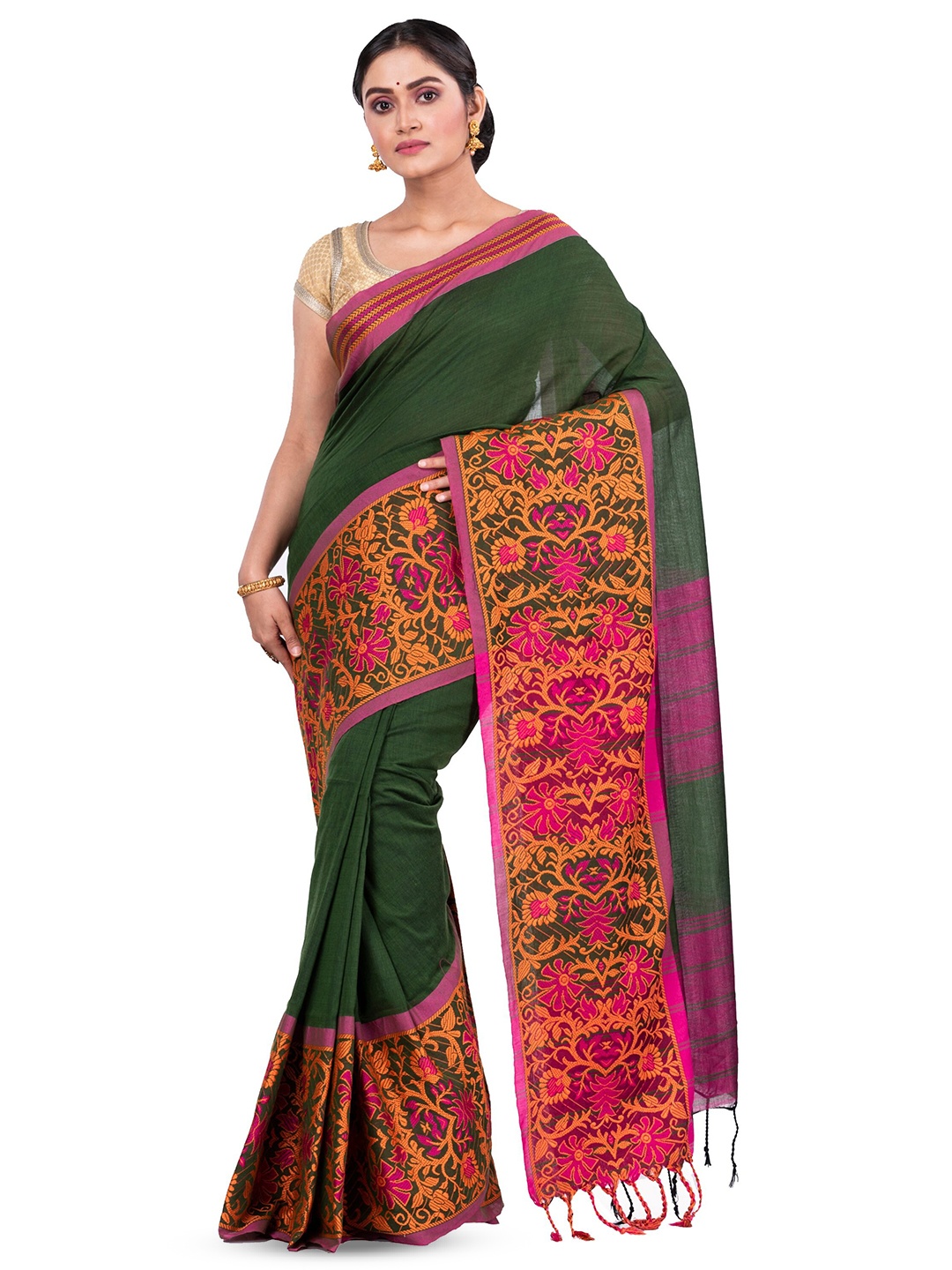 

PuJoy Woven Design Zari Pure Cotton Taant Saree, Green