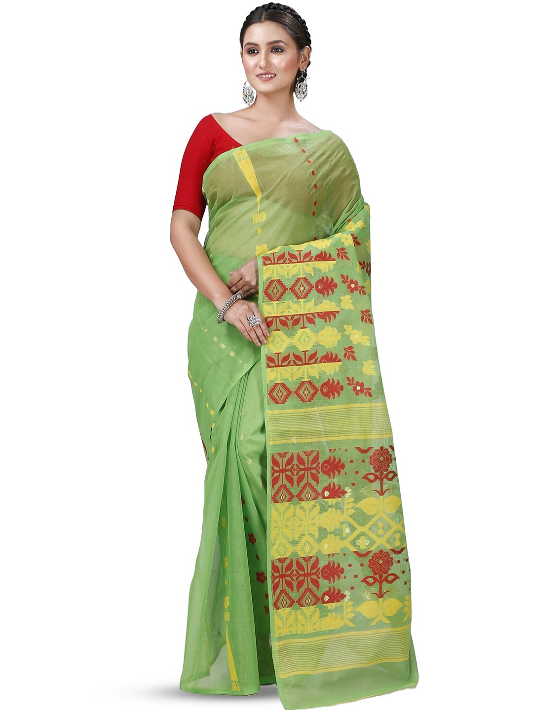 

PuJoy Floral Woven Design Jamdani Saree, Green