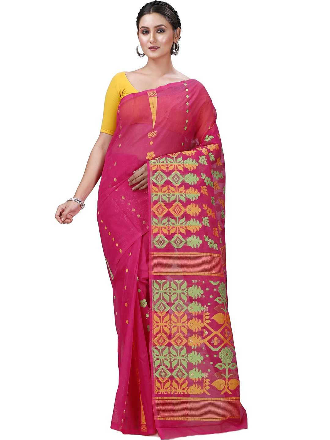 

PuJoy Floral Woven Design Jamdani Saree, Pink