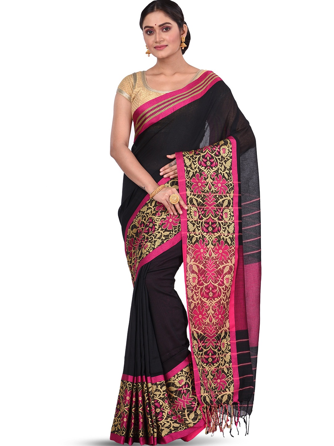 

PuJoy Woven Design Pure Cotton Taant Saree, Black