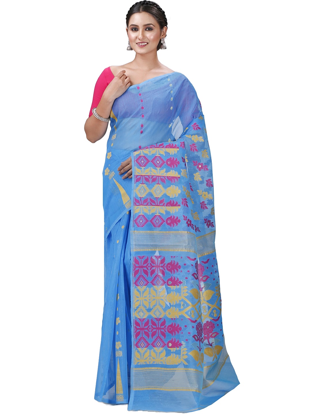 

PuJoy Ethnic Motifs Woven Design Jamdani Saree, Blue