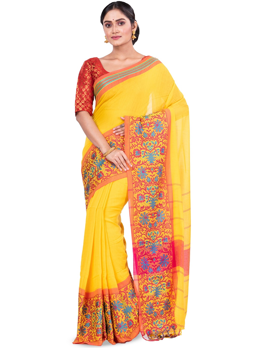 

PuJoy Woven Design Pure Cotton Taant Saree, Yellow