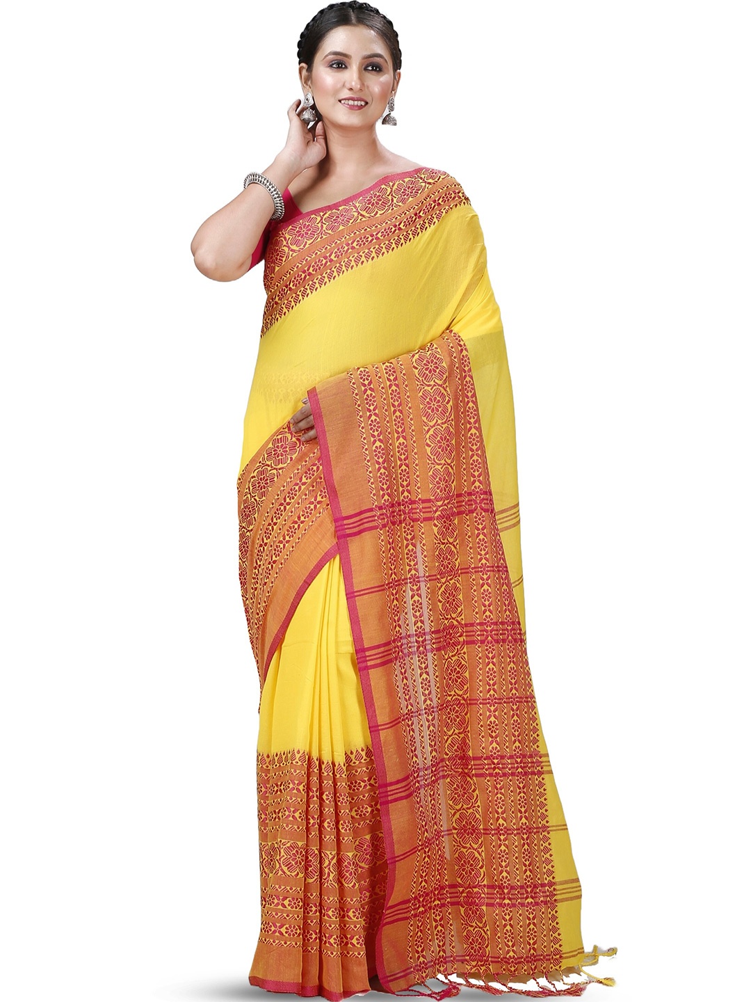 

PuJoy Woven Design Pure Cotton Taant Saree, Yellow