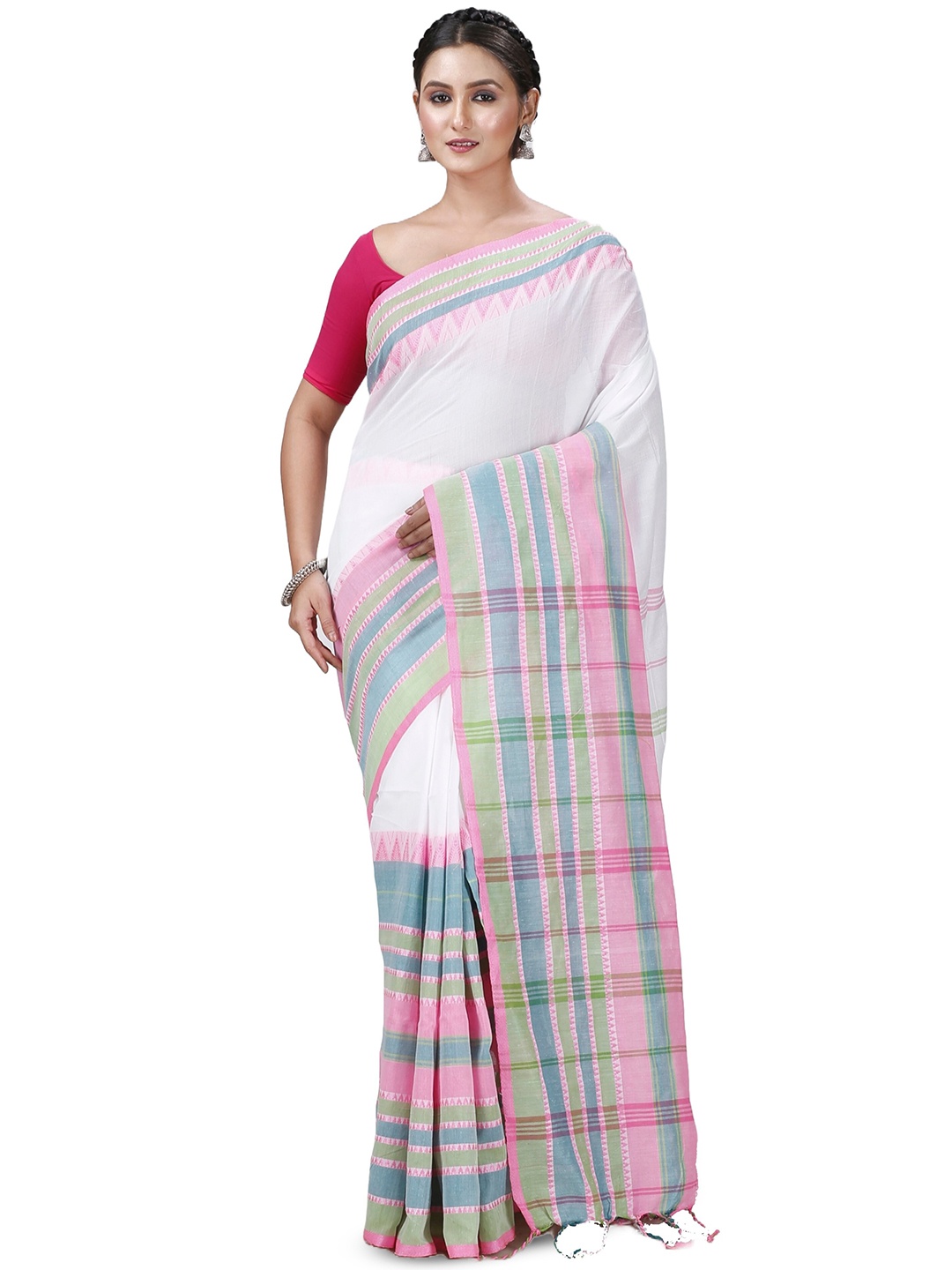 

PuJoy Woven Design Pure Cotton Taant Saree, White