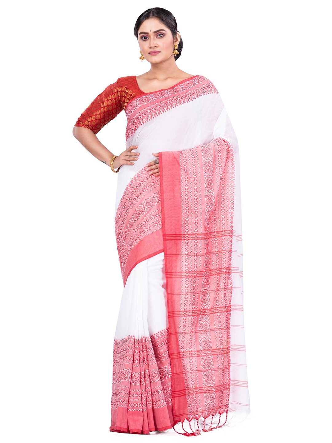 

PuJoy Woven Design Pure Cotton Taant Saree, White