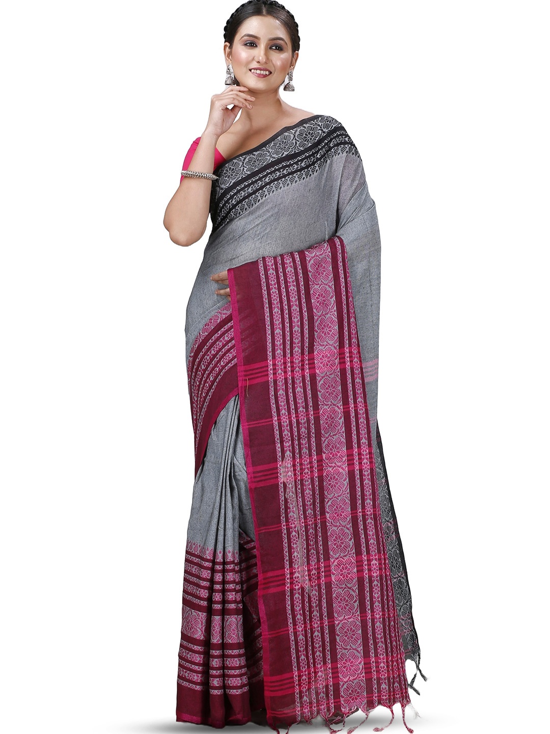 

PuJoy Woven Design Pure Cotton Taant Saree, Black