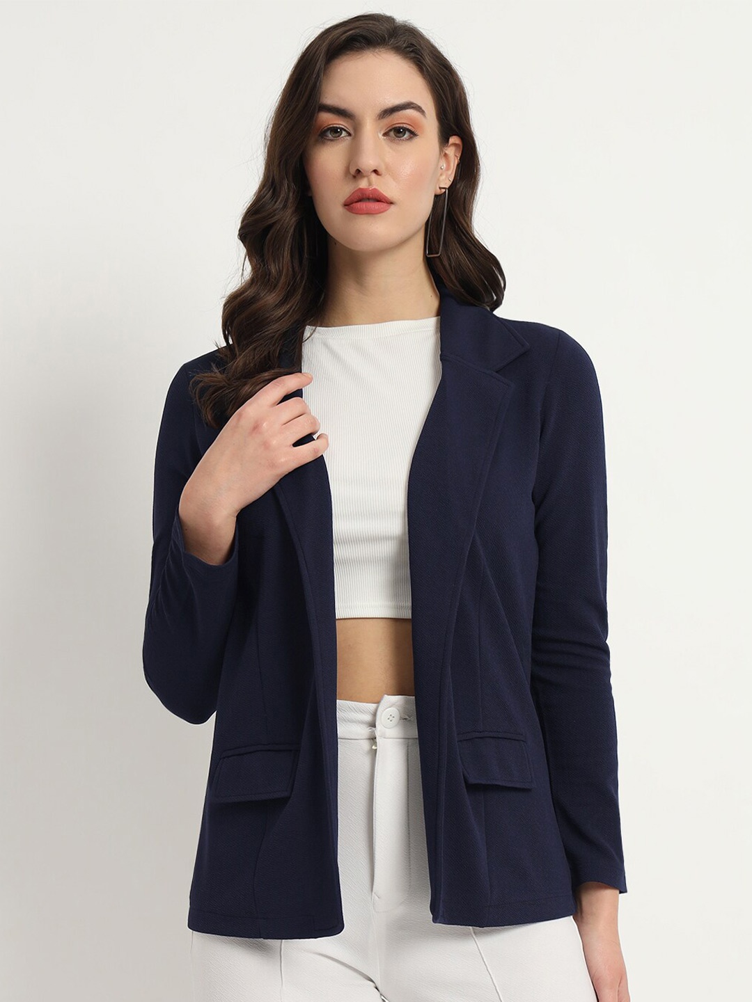 

Zastraa Navy Blue Notched Lapel Collar Single-Breasted Blazer
